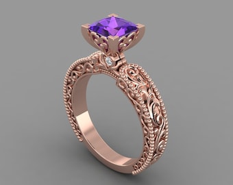 Natural Princess Shape Amethyst Engagement Ring In 14K Solid Rose Gold | Vintage Amethyst & Diamond Anniversary Ring | February Birthstone