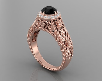 1.2Ct Round Cut Black Diamond Engagement Ring In 14K Solid Rose Gold,Vintage Falower Black Diamond Ring,Unique Black Diamond Wedding Ring