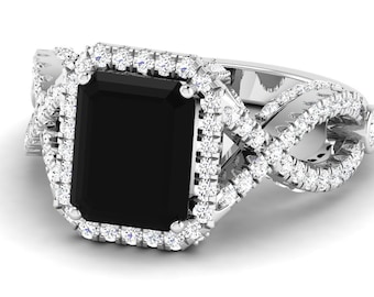 Infinity Shank Black Onyx Engagement Ring In 14K Solid White Gold | Natural Black Onyx & Diamond Wedding Ring | Anniversary Gift For Wife