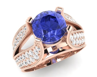 2.43Ct Natural Round Shape Tanzanite Engagement Ring In 14K Solid Rose Gold | AAAA Tanzanite & Diamond Wedding Rings | December Birthstone