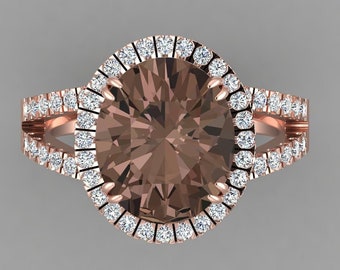 Gorgeous Natural Oval Cut Smoky Quartz Ring 14K Solid Rose Gold Smoky Quartz & Diamond Halo Ring,Anniversary Gifts For Wife, Christmas Gifts