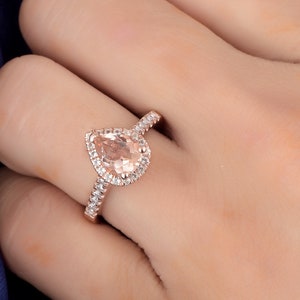 Natural Pear Cut Morganite Engagement Ring In 14K Solid Rose Gold | Morganite & Diamond Halo Wedding Ring | Promise Ring | Anniversary Ring