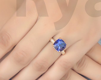 4.4Ct Natural Cushion Cut Tanzanite Engagement Ring In 14K Solid Rose Gold,Unique Tanzanite & Diamond Ring,December Birthstone Jewelry