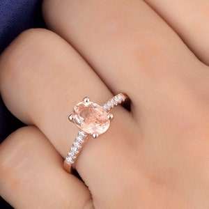 Anillo de morganita natural / Anillo de compromiso de morganita en oro rosa de 14 quilates / Anillo de morganita y diamantes de talla ovalada / Anillo de aniversario / Anillo de promesa