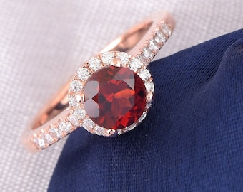 Natural Round Cut Red Garnet Engagement Ring In 14K Solid Rose Gold | Unique Red Garnet & Diamond Wedding Ring | Perfect January Birthstone