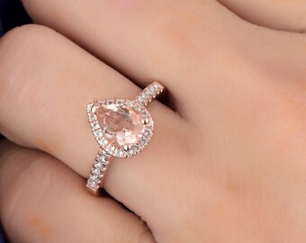 Natural Pear Cut Morganite Engagement Ring In 14K Solid Rose Gold | Morganite & Diamond Halo Wedding Ring | Promise Ring | Anniversary Ring