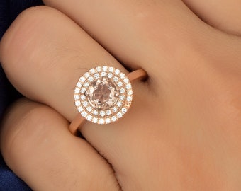 Natural Round Shape Morganite Engagement Ring In 14K Solid Rose Gold | Morganite & Diamond Double Halo Wedding Ring | Promise Rings