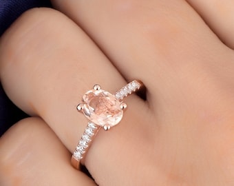 Natural Oval Cut Morganite Engagement Ring In 14K Solid Rose Gold | Morganite & Diamond Wedding Ring | Anniversary Ring | Promise Ring