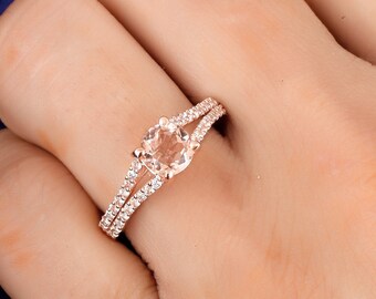 Split Shank Morganite Engagement Ring In 14K Solid Rose Gold | Natural Round Shape Morganite & Diamond Wedding Ring | Anniversary Ring