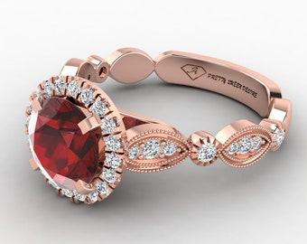 Natural Round Shape Red Garnet Engagement Ring In 14K Solid Rose Gold | Unique Garnet & Diamond Anniversary Ring | January Birthstone