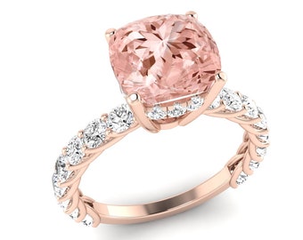 Natural Cushion Shape Morganite Engagement Ring In 14K Solid Rose Gold | Unique Morganite & Diamond Wedding Ring | Anniversary Gift For Wife