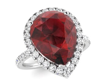 Natural Red Garnet Engagement Ring In 14K Solid White Gold | Garnet & Diamond Halo Wedding Ring | January Birthstone | Promise Ring