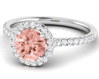 Natural Round Shape Morganite Engagement Ring In 14K White Gold | Morganite & Diamond Halo Wedding Ring | Promise Ring | Anniversary Ring