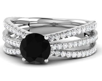 Solitaire Black Onyx Engagement Ring In 14K Solid White Gold Gold | Round Shape Black Onyx & Diamond Wedding Ring | Onyx Anniversary Ring