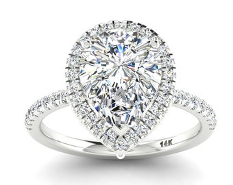 3.4Ct Pear Shape Lab Grown Diamond Engagement Ring In 14K Solid White Gold | Lab Grown Diamond Wedding Ring | Anniversary Gift For Wife