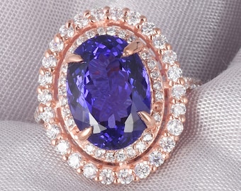 5.6Ct Natural Tanzanite Engagement Ring In 14K Rose Gold | AAAA Tanzanite & Diamond Double Halo Wedding Ring | December Birthstone