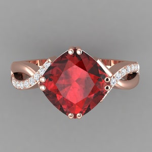 Natural Red Garnet Engagement Ring | 14K Solid Rose Gold Garnet Ring | Natural Cushion Shape Red Garnet & Diamond Ring | January Birthstone