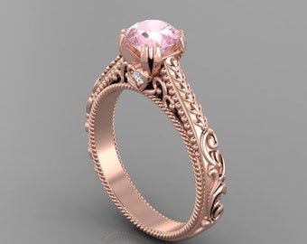 Vintage Pink Morganite Ring | 14K Solid Rose Gold Morganite & Diamond Ring | Lab Grown Pink Morganite Ring | Pink Morganite Anniversary Ring