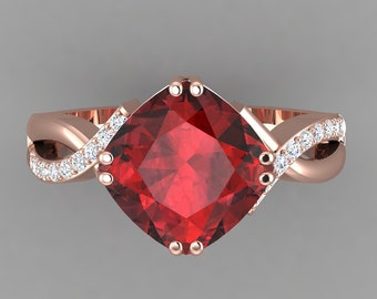 Infinity Shank Red Garnet Engagement Ring In 14K Solid Rose Gold | Natural Cushion Shape Red Garnet & Diamond Wedding Ring | Gifts For Wife
