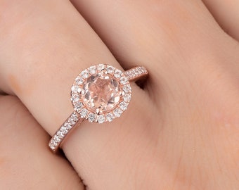 Natural Round Shape Morganite Engagement Ring In 14K Solid Rose Gold | Morganite & Diamond Halo Ring | Anniversary Ring | Promise Ring