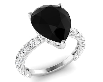 Unique Natural Pear Cut Black Onyx Engagement Ring In 14K Solid White Gold,Women's Black Onyx & Diamond Ring,Perfect Valentine Gift For Her