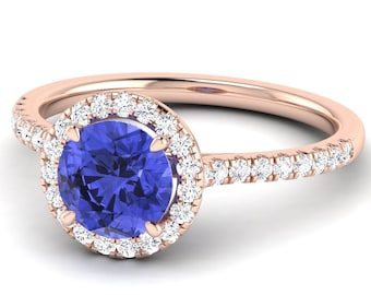 1.6Ct Natural Round Cut Tanzanite Engagement Ring In 14K Solid Rose Gold,Tanzanite & Diamond Halo Ring,Perfect December Birthstone Jewellery