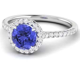 1.6Ct Natural Tanzanite Engagement Ring In 14K Solid White Gold | Tanzanite & Diamond Halo Wedding Ring | Tanzanite Anniversary Ring