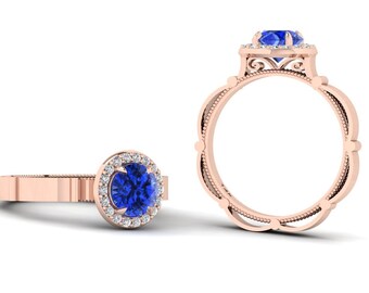 Natural Round Shape Tanzanite Engagement Ring In 14K Solid Rose Gold | AAAA Tanzanite & Diamond Halo Wedding Ring | December Birthstone
