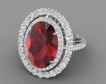 Gorgeous Natural Oval Cut Red Garnet Engagement Ring In 14K Solid White Gold,Unique Garnet & Diamond Double Halo Ring,January Birthstone