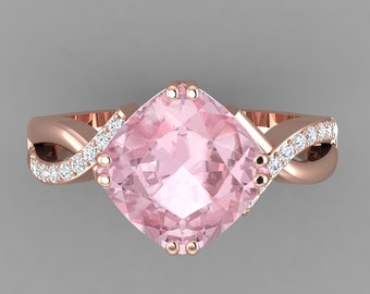 Lab Grown Pink Morganite Engagement Ring In 14K Rose Gold | Cushion Shape Pink Morganite & Diamond Ring | Anniversary Ring | Promise Ring