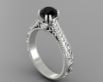 Vintage Natural Round Cut Black Onyx Engagement Ring In 925 Sterling Silver,Gorgeous Black Onyx & Diamond Ring,Anniversary Gifts For Wife