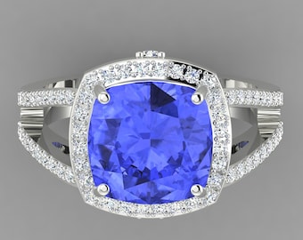 3.7Ct Natural Cushion Cut Tanzanite Engagement Ring In 14K Solid White Gold,Split Shank Tanzanite & Diamond Halo Ring,Unique Gifts For Hr