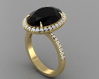 Natural Gorgeous Black Onyx Engagement Rings 14K Solid Yellow Gold Diamond Halo Ring  Anniversary Gifts For Wife Christmas Gift