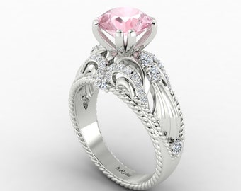 Pink Morganite Engagement Ring In 14K Solid White Gold | Round Shape Pink Lab Grown Morganite & Diamond Wedding Ring | Anniversary Rings