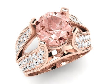 Natural Round Cut Morganite Engagement Ring In 14K Solid Rose Gold,Gorgeous Morganite & Diamond Ring,Perfect Anniversary Gift For Wife