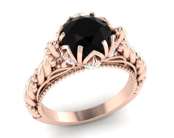 Vintage Black Onyx Engagement Ring In 14K Solid Rose Gold | Unique Black Onyx & Diamond Wedding Ring | Anniversary Ring | Promise Ring