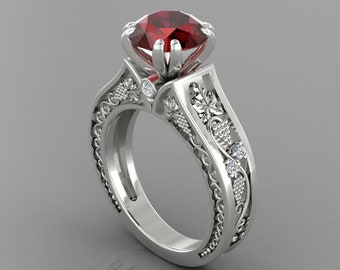 Solitaire Red Garnet Engagement Ring In 14K Solid White Gold | Vintage Red Garnet & Diamonds Wedding Ring | January Birthstone