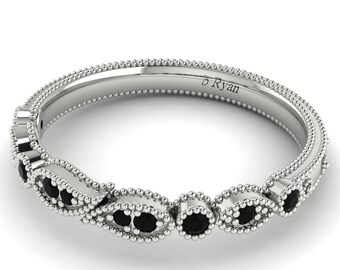Leaf Black Onyx Wedding Band In 14K Solid White Gold | Unique Black Onyx Engagement Band | Vintage Black Onyx Anniversary Bands