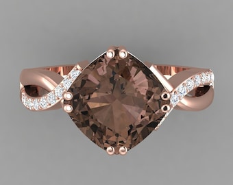 Natural Cushion Cut Smokey Quartz Engagement Ring In 14K Rose Gold | Infinity Shank Quartz & Diamond Ring | Anniversary Ring | Promise Ring