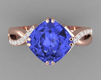 3.8Ct Natural Cushion Shape Tanzanite Engagement Ring In 14K Rose Gold | Infinity Shank AAAA Tanzanite & Diamond Ring | Anniversary Rings
