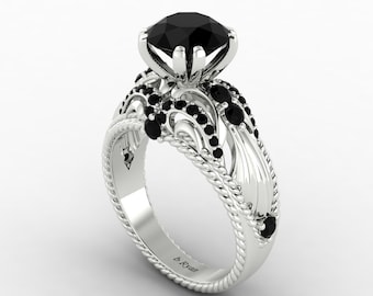 Unique Natural Round Cut Black Onyx Engagement Ring In 14K Solid White Gold,Black Onyx & Black Spinel Women's Ring,Anniversary Gift For Wife