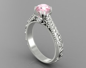 Vintage Pink Morganite Engagement Ring In 14K Solid White Gold | Unique Pink Morganite & Diamond Ring | Morganite Anniversary Rings