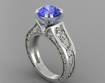 3.4Ct Natural Round Cut Tanzanite Engagement Ring In 14K White Gold | Men's Tanzanite & Diamond Wedding Ring | Promise Ring | Men's Ring