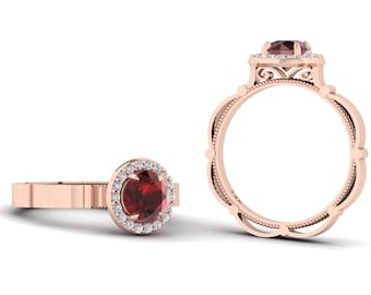 Natural Round Shape Red Garnet Engagement Ring In 14K Solid Rose Gold | Unique Red Garnet & Diamond Halo Wedding Ring | January Birthstone
