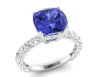 2.54Ct Natural Cushion Shape Tanzanite Engagement Ring In 14K White Gold | AAAA Tanzanite & Diamond Wedding Ring | December Birthstone