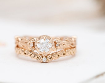 Lab Grown Diamond Engagement Ring Set in 14K Solid Rose Gold | Unique Lab Grown Diamond Wedding Band | Anniversary Ring | Promise Bands