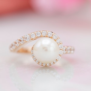 Gorgeous Pearl Engagement Ring In 14K Solid Rose Gold,Fresh Water Pearl & Diamond Women&#39;s Rings,Perfect Christmas Gifts For Her