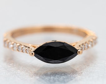 Natural Marquise Shape Black Onyx Engagement Ring In 925 Sterling Silver | Black Onyx & Diamond Wedding Ring | Anniversary Gifts For Wife