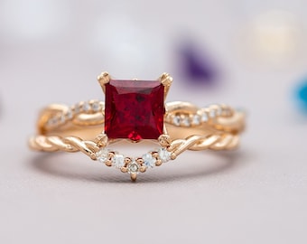 Vintage Natural Red Garnet Engagement Ring Set In 14K Solid Rose Gold,Princess Cut Garnet & Diamond Ring Set,January Birthstone Jewelry