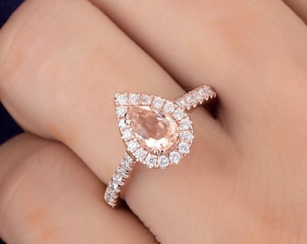 Natural Pear Shape Morganite Engagement Ring In 14k Rose Gold | Morganite & Diamond Halo Wedding Ring | Anniversary Ring | Promise Ring
